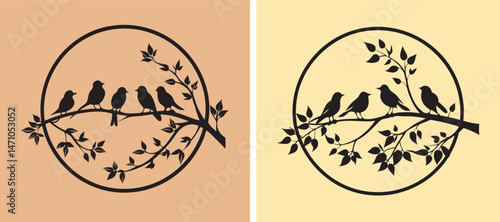 Silhouette of birds on a tree branch with leaves in a peaceful nature scene vector illustration