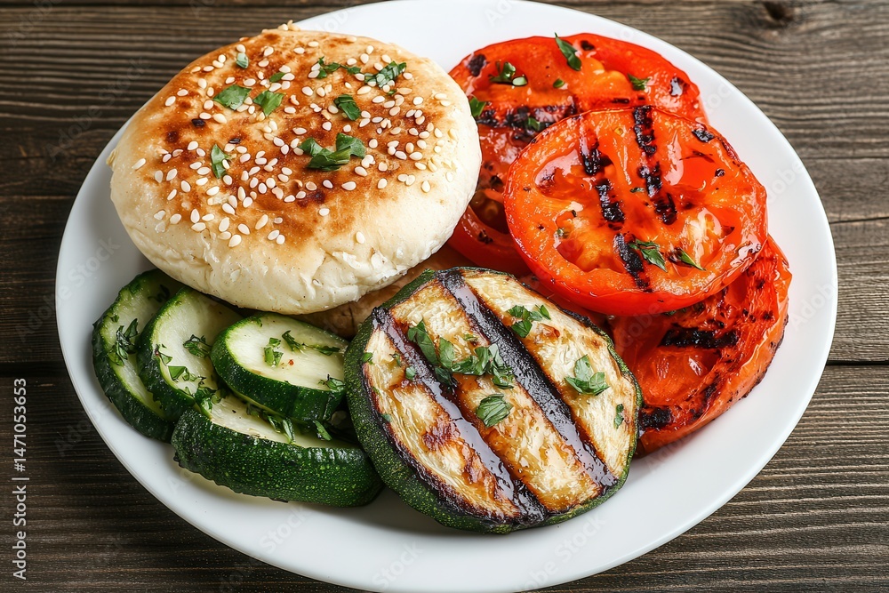 Grilled vegetables and sesame bun served on a white plate against a rustic wooden background Grilled vegetables and sesame bun served on a white plate against a rustic wooden background
