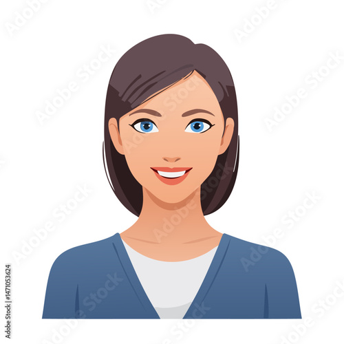 Flat Vector. Portrait of only one Woman. Simple Background.