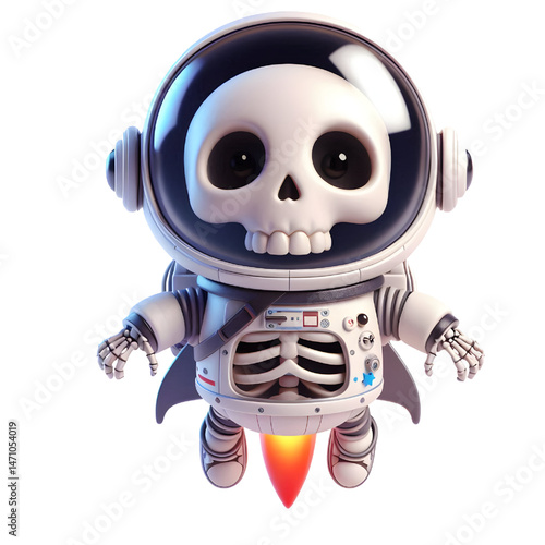 Cute 3d skeleton wearing space suit isolated on white background