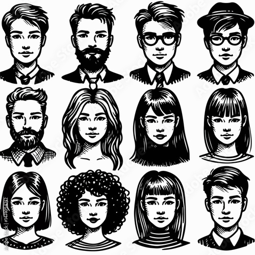 Set of people faces hand drawn in doodle style.Black lines and silhuette