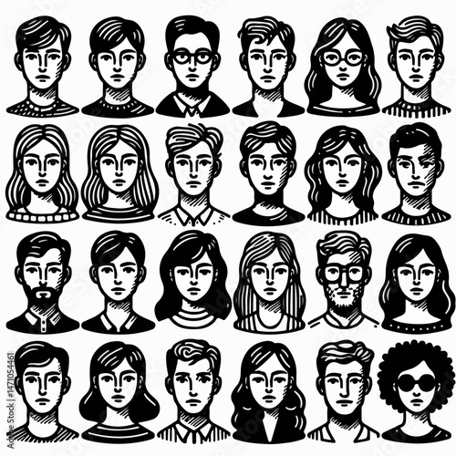 Set of people faces hand drawn in doodle style.Black lines and silhuette