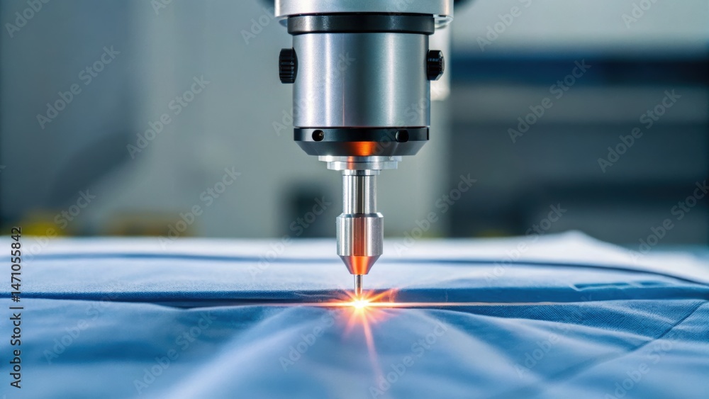 Laser cutting machine in action on fabric material, showcasing precision and technology in manufacturing processes. Laser cutting machine in action on fabric material, showcasing precision and technology in manufacturing processes.