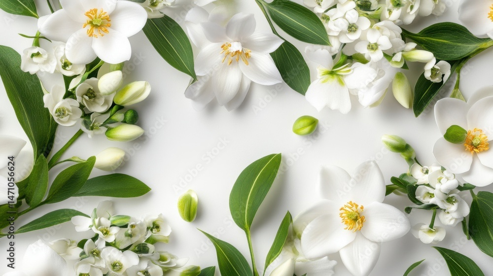 Fototapeta premium Delicate wax flowers and greenery in a repeating pattern, elegant white background