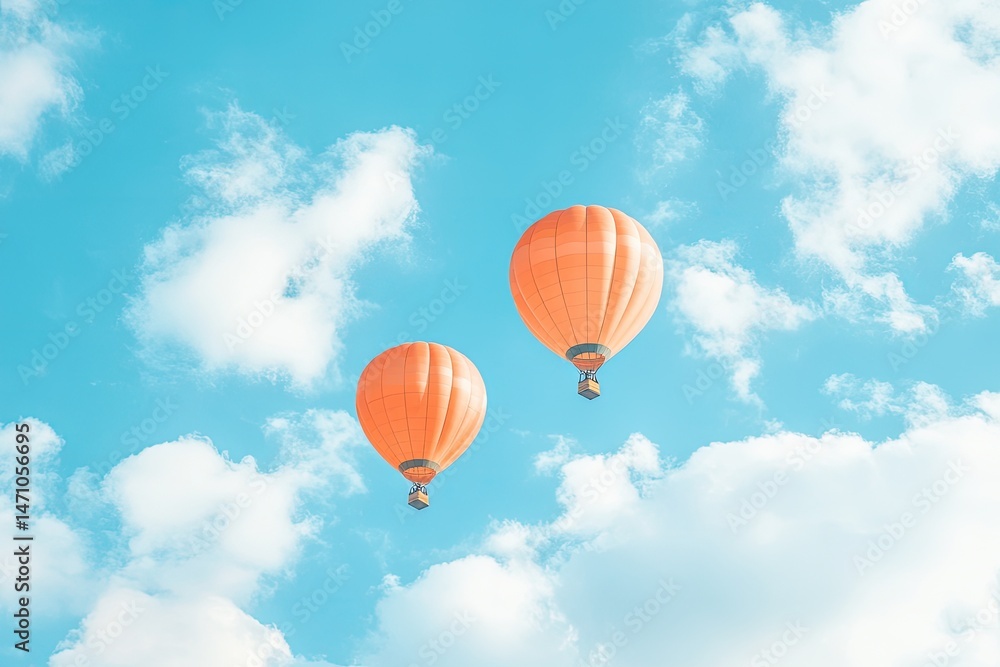 Fototapeta premium Two orange hot air balloons float peacefully in a vibrant sky filled with fluffy white clouds