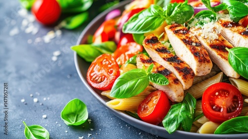 Fresh Gourmet Delight: A culinary masterpiece featuring grilled chicken breast, ripe tomatoes, fresh basil leaves, and pasta, artfully presented for a delightful dining experience. 