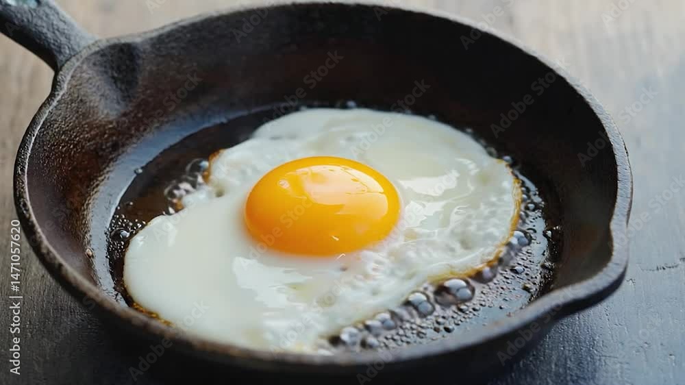 Fried egg in a cast iron skillet with yellow yolk close up Fried egg in a cast iron skillet with yellow yolk close up