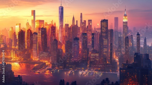 Metropolis awakens, A vibrant sunrise over the luminous urban landscape