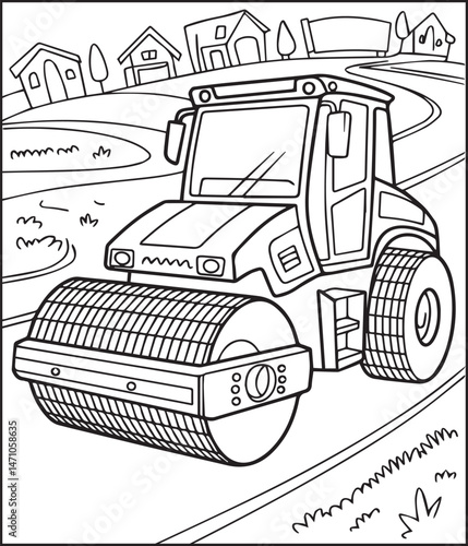 Construction vehicle road roller coloring page for kids, black line art vector illustration for children book design