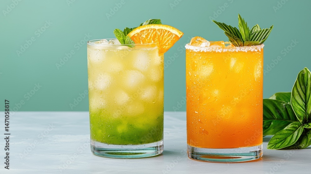Fototapeta premium Two Colorful Cocktails with Orange and Mint Garnishes on Teal