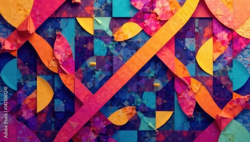 Abstract geometric shapes repeat endlessly forming a vibrant textile design , print, wallpaper, surface