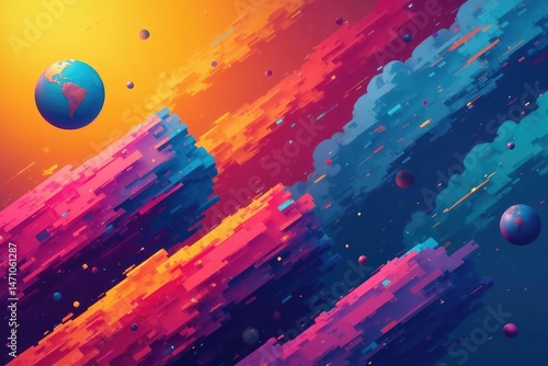 Abstract geometric shapes, vibrant colors, bold lines, illustration, textile