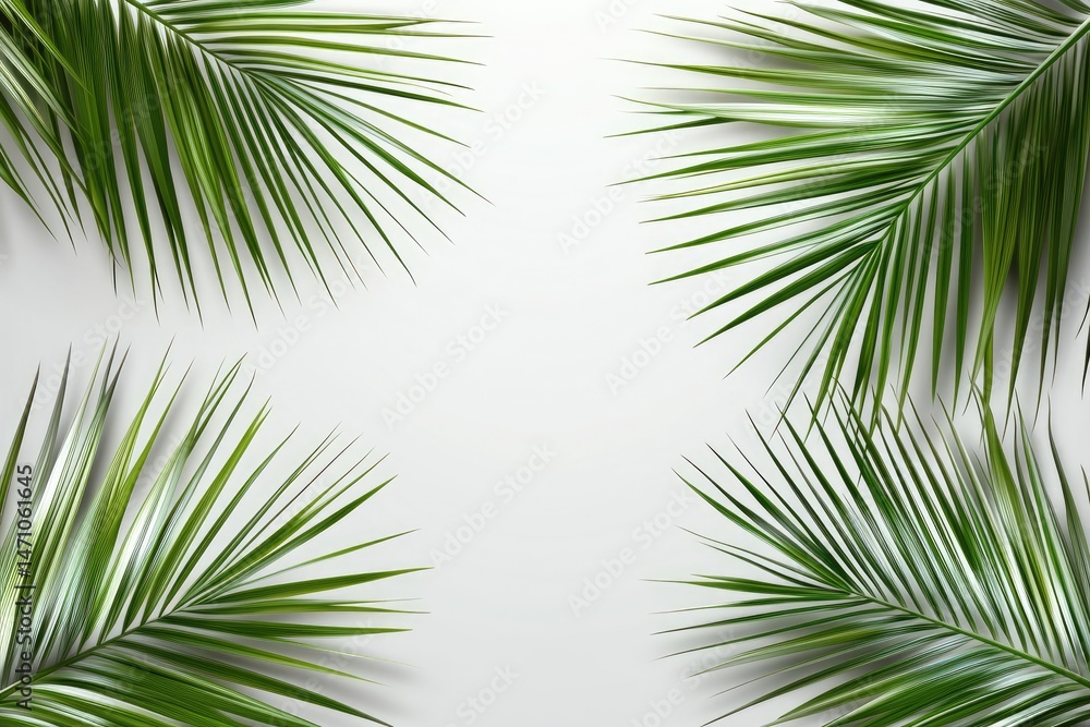 Tropical palm leaves arranged in a frame against a light gray background. Fresh, vibrant greenery Tropical palm leaves arranged in a frame against a light gray background. Fresh, vibrant greenery