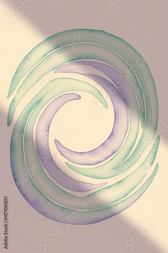 A painting of a spiral with purple and green swirls