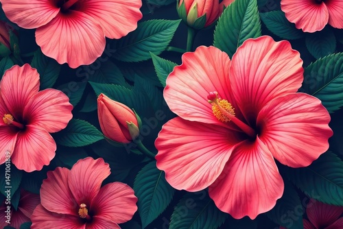 Bold hibiscus blooms, stylized repeating motif, hibiscus, colorful, orange