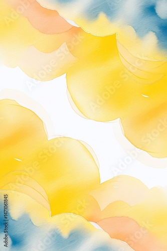 A painting of a sky with clouds and a yellow background