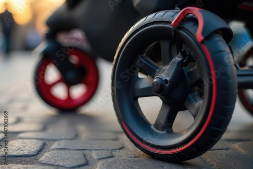 Close-up of stroller wheels forming a circular pattern, white, dark, background