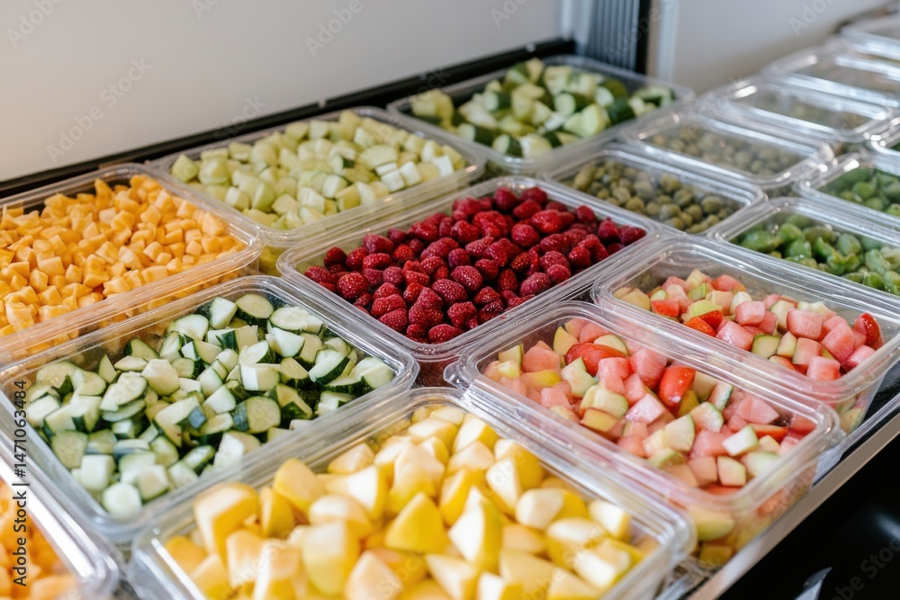 Assortment of Freshly Cut Fruits and Vegetables in Clear Containers Overhead Shot Food Preparation Healthy Eating Assortment of Freshly Cut Fruits and Vegetables in Clear Containers Overhead Shot Food Preparation Healthy Eating