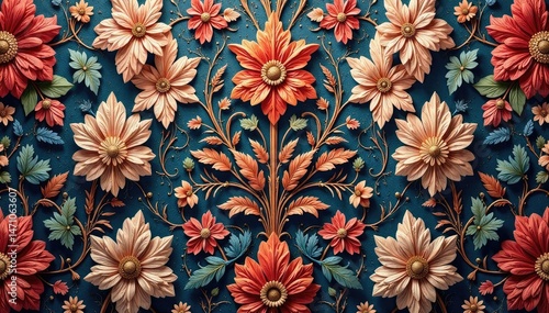 Elegant floral damask textile, intricate woven design, motif, sophisticated