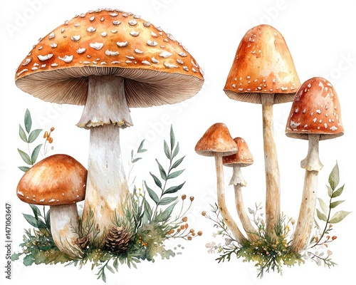 Vibrant watercolor illustration of various mushrooms surrounded by greenery