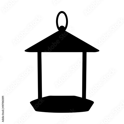 Simple black and white silhouette of a hanging bird feeder design