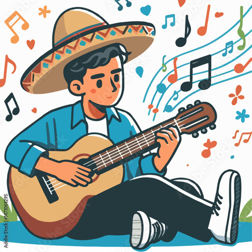 illutration of a man playing guitar with music notes 
