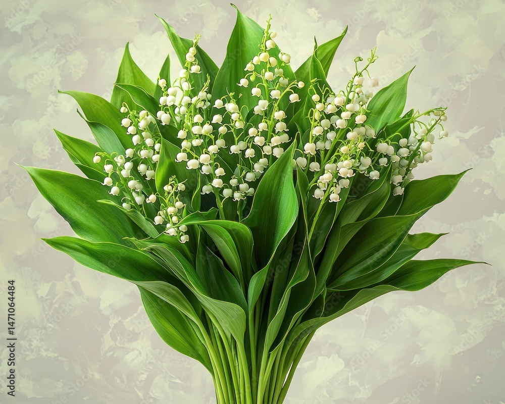 Obraz premium Beautiful bouquet of lily of the valley flowers with lush green leaves, soft background