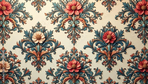 Intricate damask pattern with blooming flowers, rich texture, tapestry, fabric