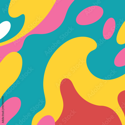 Vibrant abstract art bold yellow pink teal red shapes create a dynamic playful and energetic mood