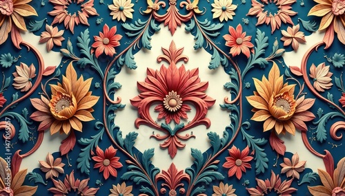 Intricate floral damask pattern in muted tones, surface, vector, fabric design