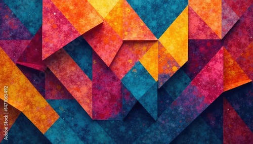 Intricate geometric shapes with bold, contrasting colors, forming a complex mosaic, wallpaper, symmetry