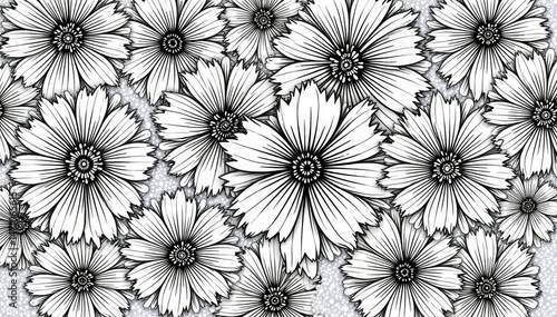 Intricate line art floral pattern, black and white, repeating , elegant, print, botanical