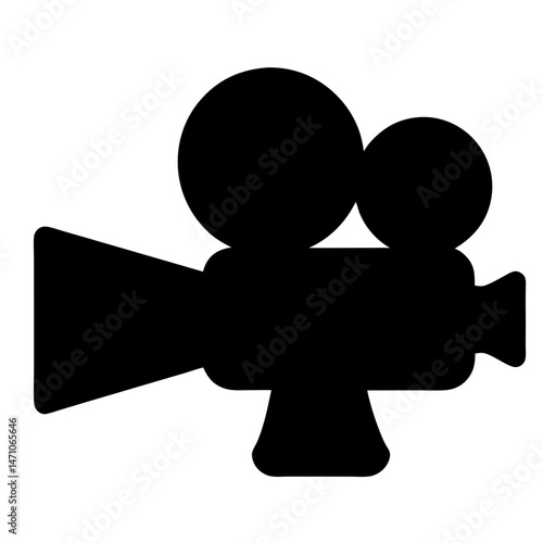A vintage film camera icon in solid black against a white background