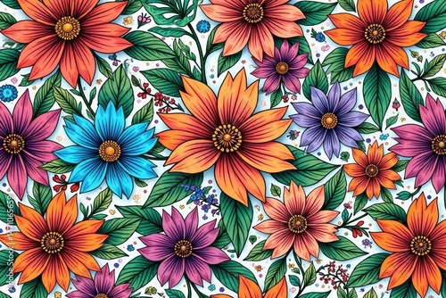 Intricate line art blooming flowers, geometric floral repeat, botanical, pattern, decor