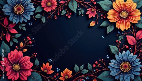 Intricate line art floral pattern, dark background, retro, background, graphic