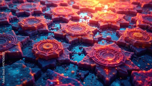 Intricate tessellation of hexagons, vibrant colors, lines, hue, polygonal