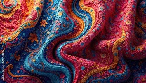 Intricate textile with flowing, repeating motif, style, surface, modern