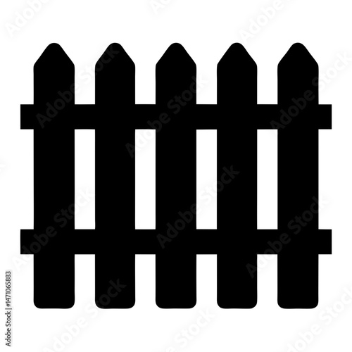 Black silhouette of a five picket fence against a white background