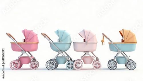 Pastel colored strollers, repeating design on white background, charming, baby, sweet