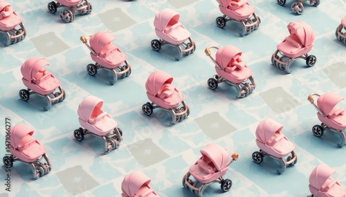 Pastel-colored strollers in repeating geometric pattern, colorful, wall, texture