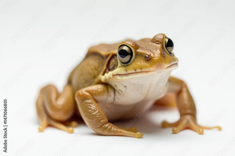 Fototapeta premium Small brown frog on pristine white backdrop, textured skin visible, texture, detail, amphibian