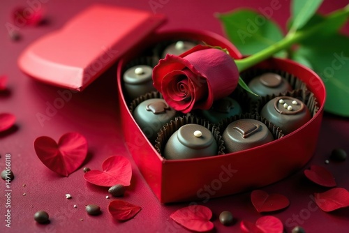 Close-up of a heart-shaped box of chocolates and a single red rose , celebration, chocolate