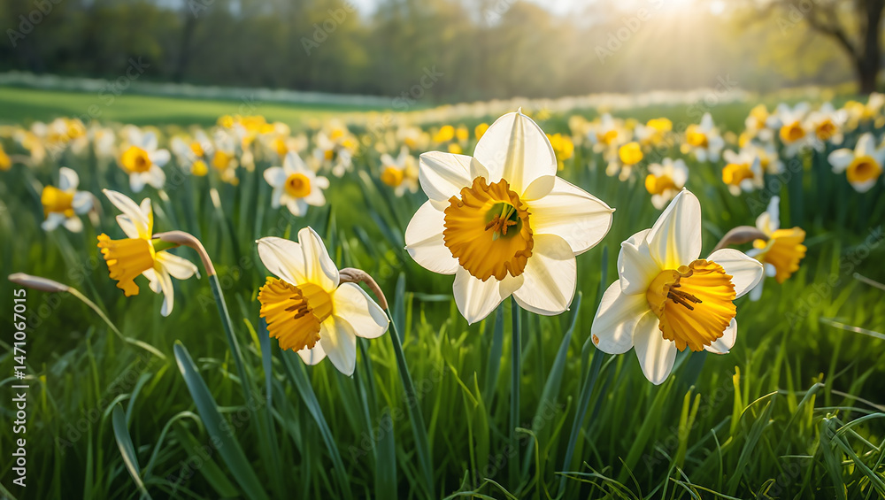 Obraz premium Vibrant Spring Daffodils Blooming in Sunny Field Close Up View