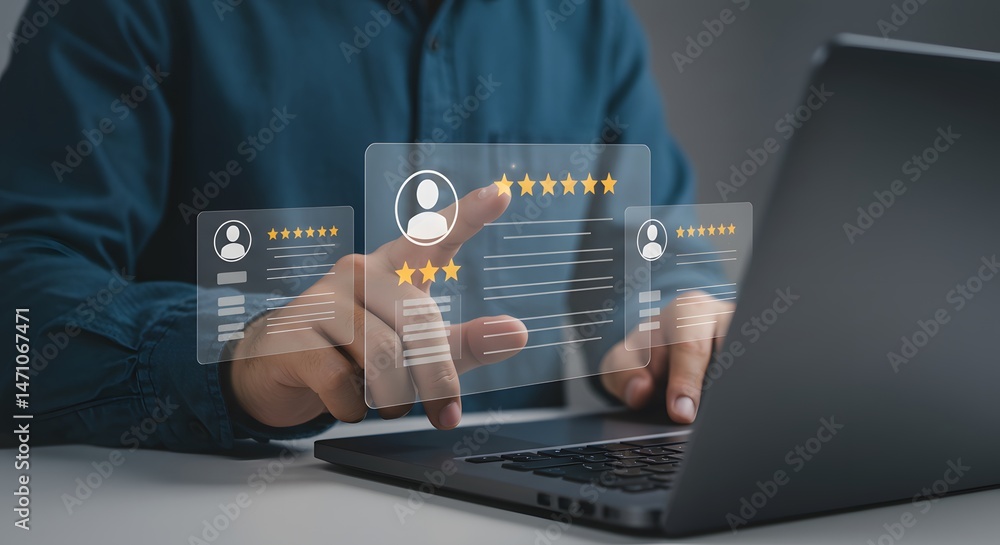 Naklejka premium Person interacting with digital review interfaces on a laptop computer screen display