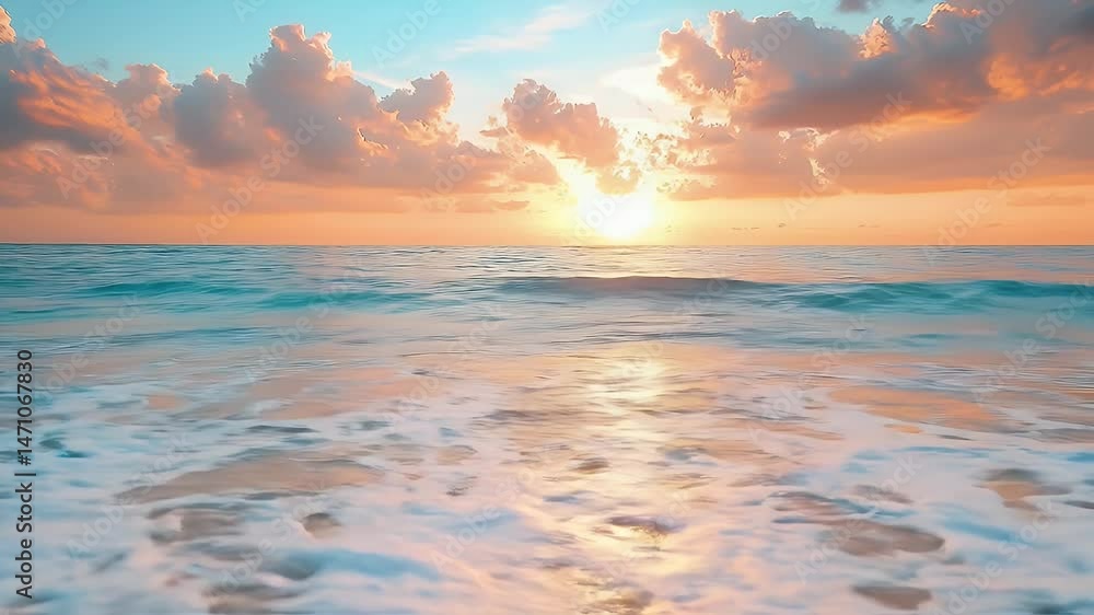 Warm Sunrise Light on Ocean Waves with Clouds at Beach with Horizon Sky Golden Hour Seascape Coastal Scenery in Tropical Location Warm Sunrise Light on Ocean Waves with Clouds at Beach with Horizon Sky Golden Hour Seascape Coastal Scenery in Tropical Location