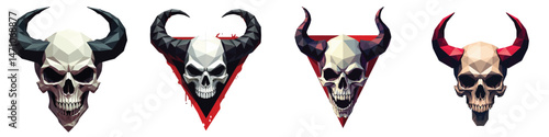 Cute Cut Out Set Low-poly triangular cursed skull with horns in a vector isolated on transparent or white background, best for logo design, print, sticker or clipart.