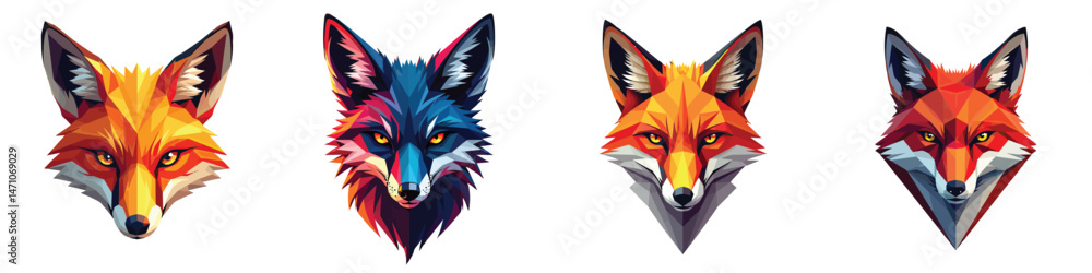 Fototapeta premium Set of 4 Stylized Fox Head Vector Illustrations