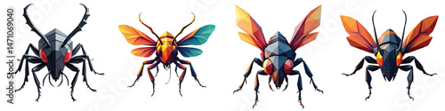Cute Cut Out Set Low-poly triangular robotic insect head in a vector isolated on transparent or white background, best for logo design, print, sticker or clipart.