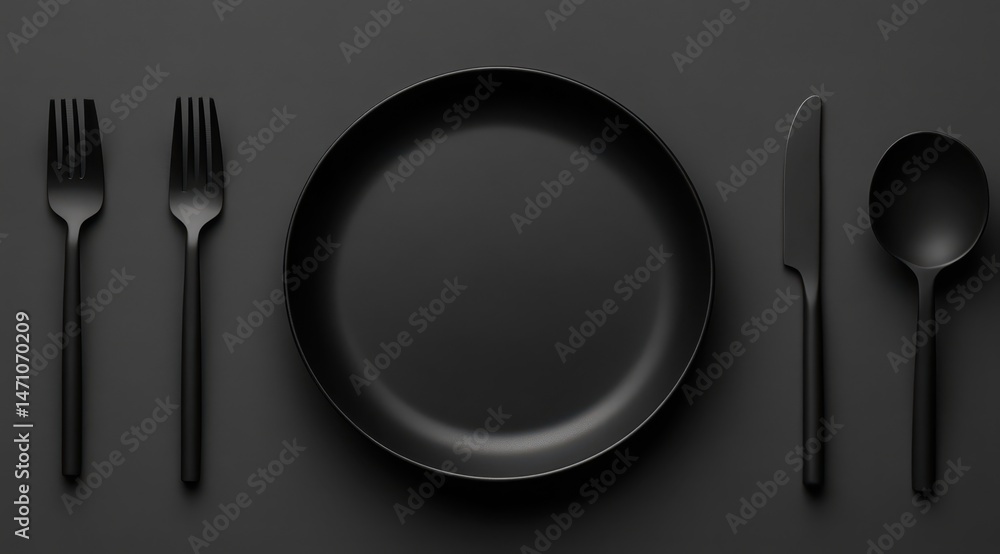 Minimalist black dinnerware setting on dark background Minimalist black dinnerware setting on dark background