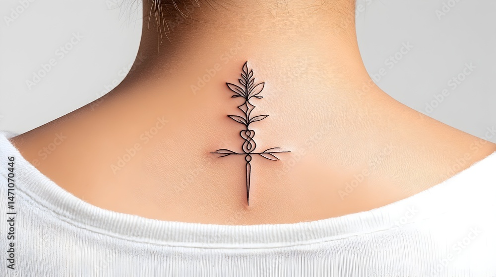 Obraz premium A close-up view of a woman's back with a simple black line tattoo of a stylized plant on the nape of her neck